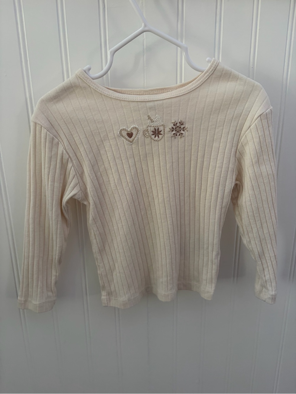 Cream Ribbed Long-Sleeve Baby Girl Top with Heart & Snowflake Embroidery